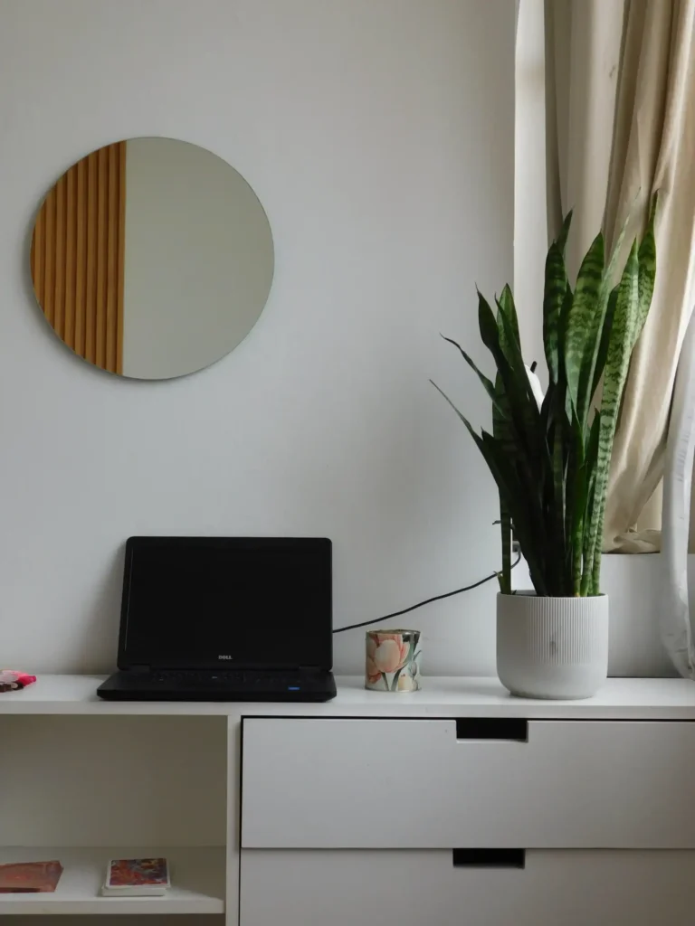 Espacio de trabajo o recepción en Sun Nails, con decoración minimalista, laptop y planta en un ambiente ordenado y luminoso